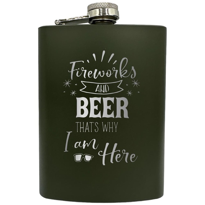 Plosca gravata din otel inoxidabil, de 8oz 240 ml pentru bauturi fine, Fireworks And Beer, Verde, ZNF 211