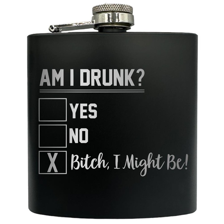 Plosca gravata din otel inoxidabil, de 6oz 180 ml pentru bauturi fine, Am I Drunk?, Negru, FKF 43