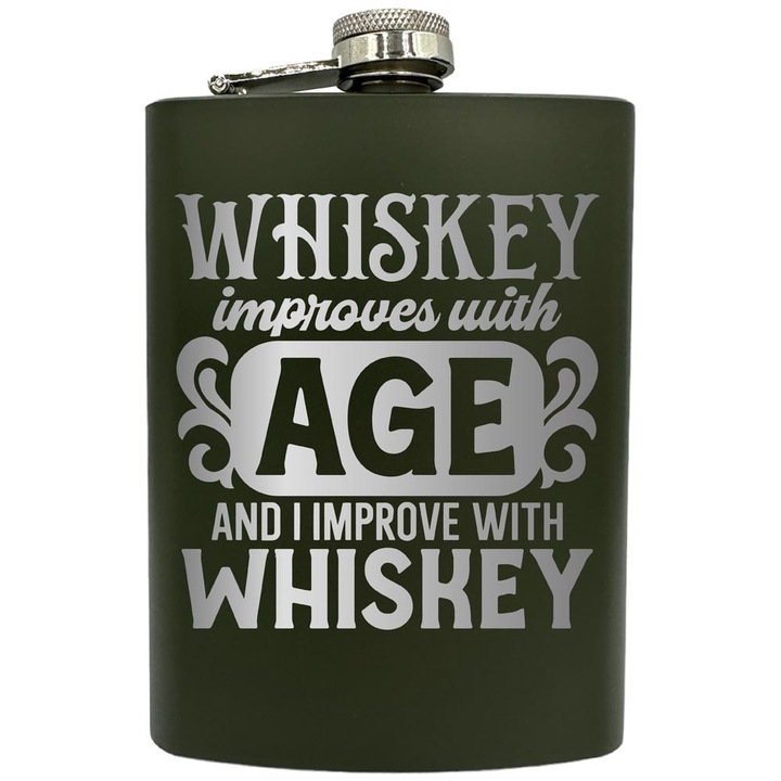 Plosca gravata din otel inoxidabil, de 8oz 240 ml pentru bauturi fine, Whiskey Improves With Age, Verde, ZNF 213
