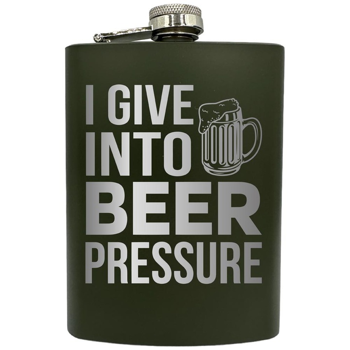 Plosca gravata din otel inoxidabil, de 8oz 240 ml pentru bauturi fine, I Give Into Beer Pressure, Verde, ZNF 105