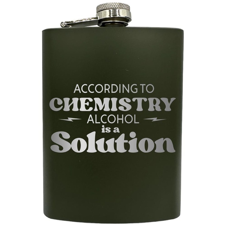 Plosca gravata din otel inoxidabil, de 8oz 240 ml pentru bauturi fine, Alcohol Is A Solution, Verde, ZNF 155
