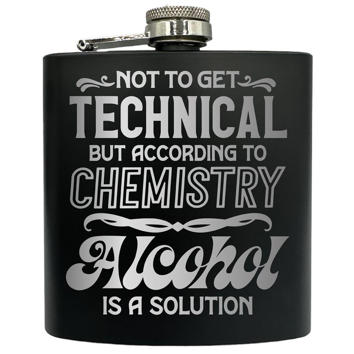 Plosca gravata din otel inoxidabil, de 6oz 180 ml pentru bauturi fine, Alcohol Is A Solution, Negru, FKF 154