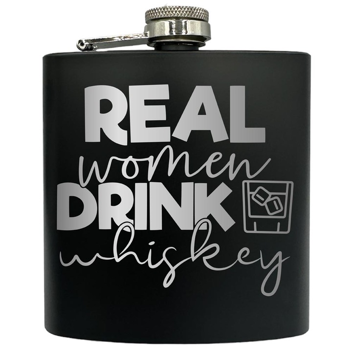 Plosca gravata din otel inoxidabil, de 6oz 180 ml pentru bauturi fine, Real Men Drink Whiskey, Negru, FKF 207