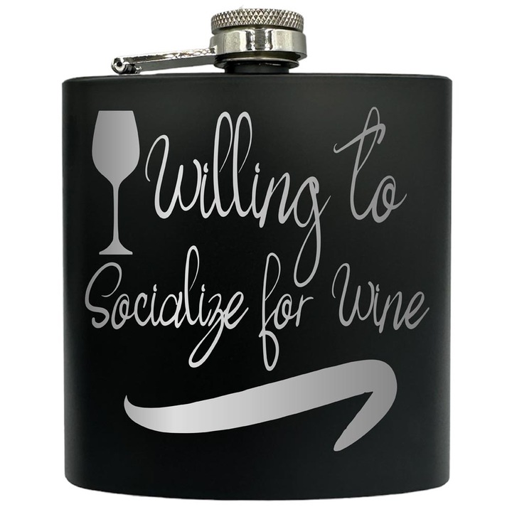 Plosca gravata din otel inoxidabil, de 6oz 180 ml pentru bauturi fine, Willing To Socialize For Wine, Negru, FKF 219