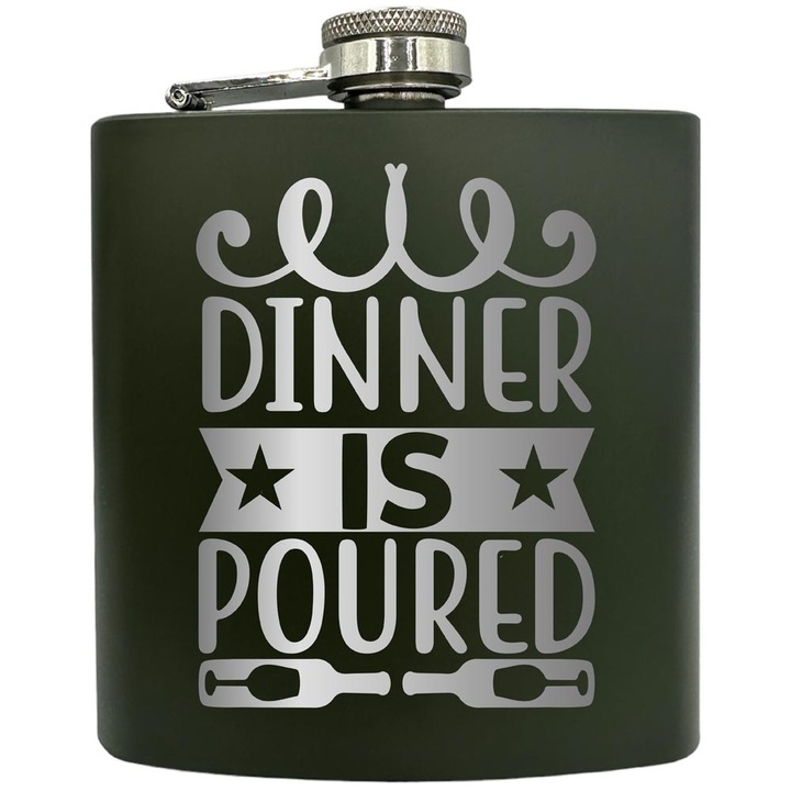 Plosca gravata din otel inoxidabil, de 6oz 180 ml pentru bauturi fine, Dinner Is Poured, Verde, ZKF 64