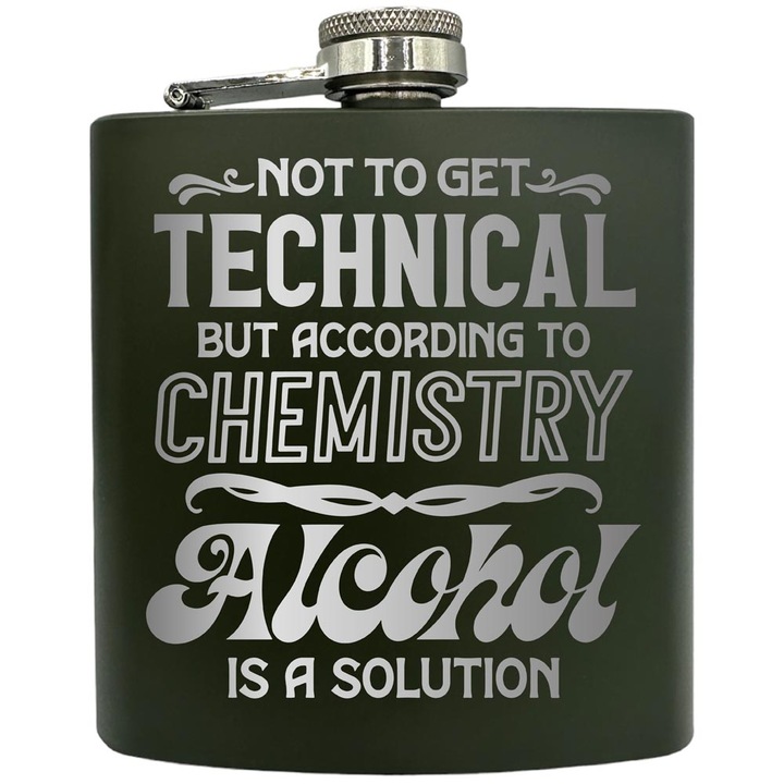 Plosca gravata din otel inoxidabil, de 6oz 180 ml pentru bauturi fine, Alcohol Is A Solution, Verde, ZKF 154