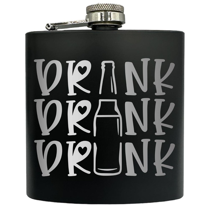 Plosca gravata din otel inoxidabil, de 6oz 180 ml pentru bauturi fine, Drink Drank Drunk, Negru, FKF 70
