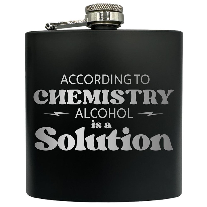 Plosca gravata din otel inoxidabil, de 6oz 180 ml pentru bauturi fine, Alcohol Is A Solution, Negru, FKF 155