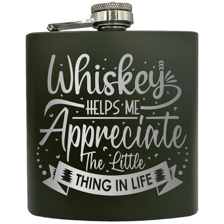 Plosca gravata din otel inoxidabil, de 6oz 180 ml pentru bauturi fine, Whiskey Helps Me Appreciate, Verde, ZKF 84