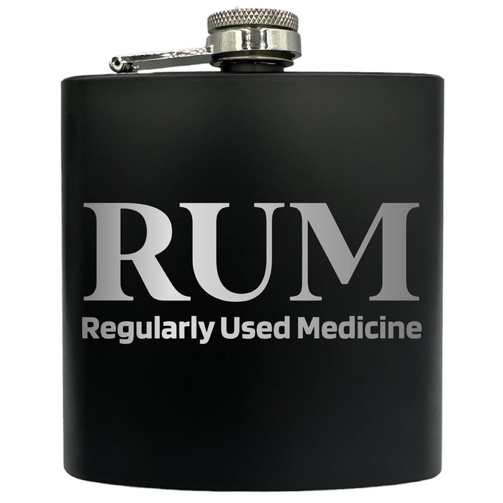 Plosca gravata din otel inoxidabil, de 6oz 180 ml pentru bauturi fine, RUM-Regular Used Medicine, Negru, FKF 161