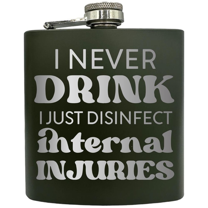 Plosca gravata din otel inoxidabil, de 6oz 180 ml pentru bauturi fine, I Never Drink, Verde, ZKF 109