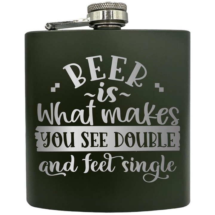 Plosca gravata din otel inoxidabil, de 6oz 180 ml pentru bauturi fine, Beer Is What Makes You See Double, Verde, ZKF 49