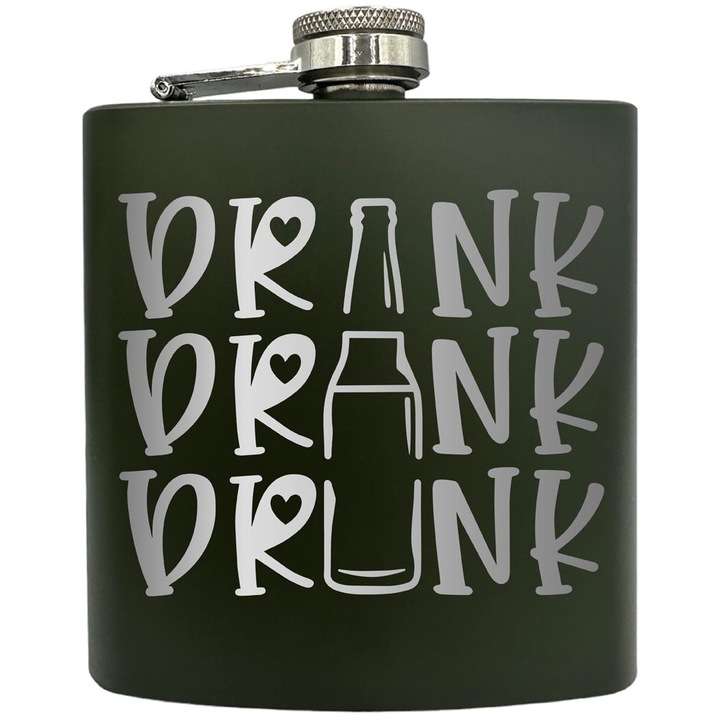 Plosca gravata din otel inoxidabil, de 6oz 180 ml pentru bauturi fine, Drink Drank Drunk, Verde, ZKF 70