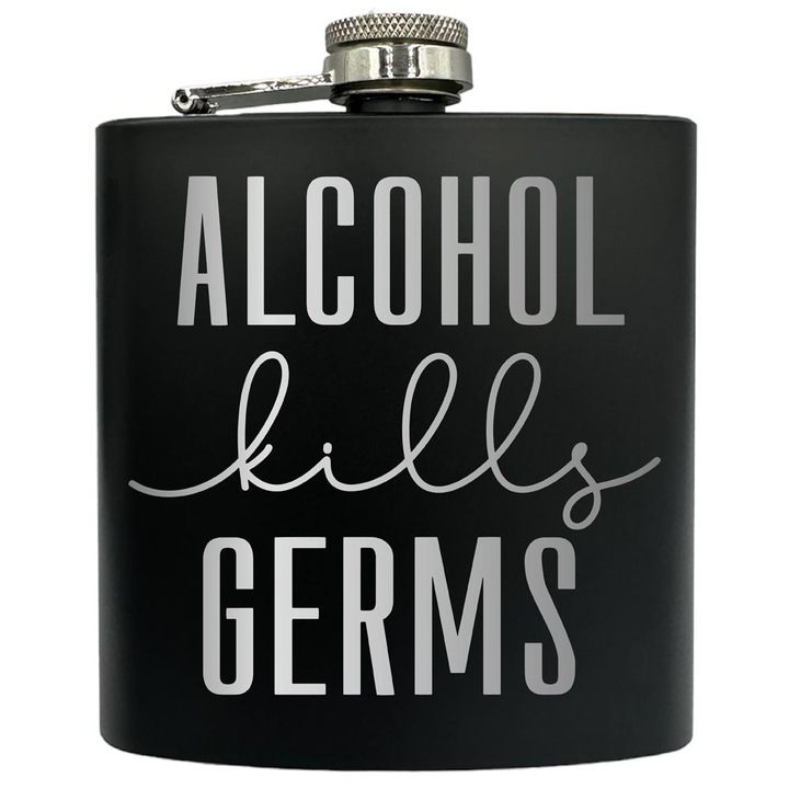 Plosca gravata din otel inoxidabil, de 6oz 180 ml pentru bauturi fine, Alcohol Kills Germs, Negru, FKF 39