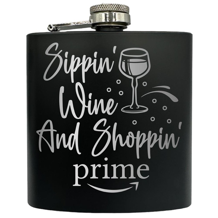 Plosca gravata din otel inoxidabil, de 6oz 180 ml pentru bauturi fine, Sippin` Wine And Shoppin` Prime, Negru, FKF 169