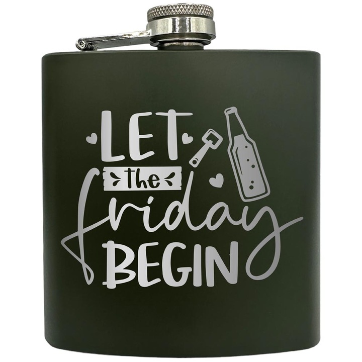 Plosca gravata din otel inoxidabil, de 6oz 180 ml pentru bauturi fine, Let's The Friday Begin, Verde, ZKF 133