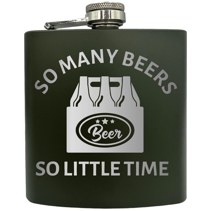 Plosca gravata din otel inoxidabil, de 6oz 180 ml pentru bauturi fine, So Many Beers So Little Time, Verde, ZKF 170