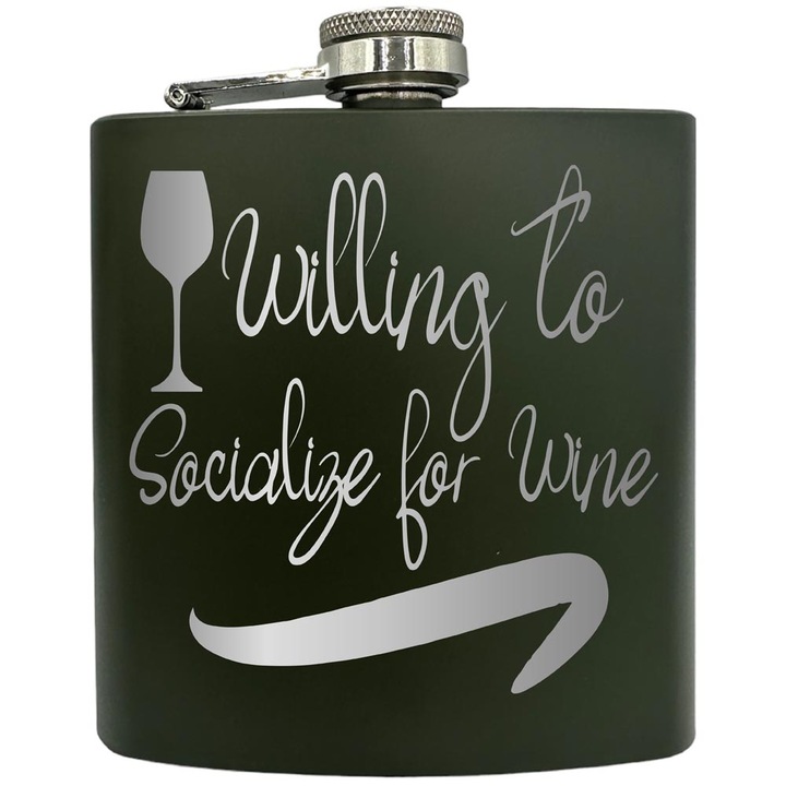 Plosca gravata din otel inoxidabil, de 6oz 180 ml pentru bauturi fine, Willing To Socialize For Wine, Verde, ZKF 219