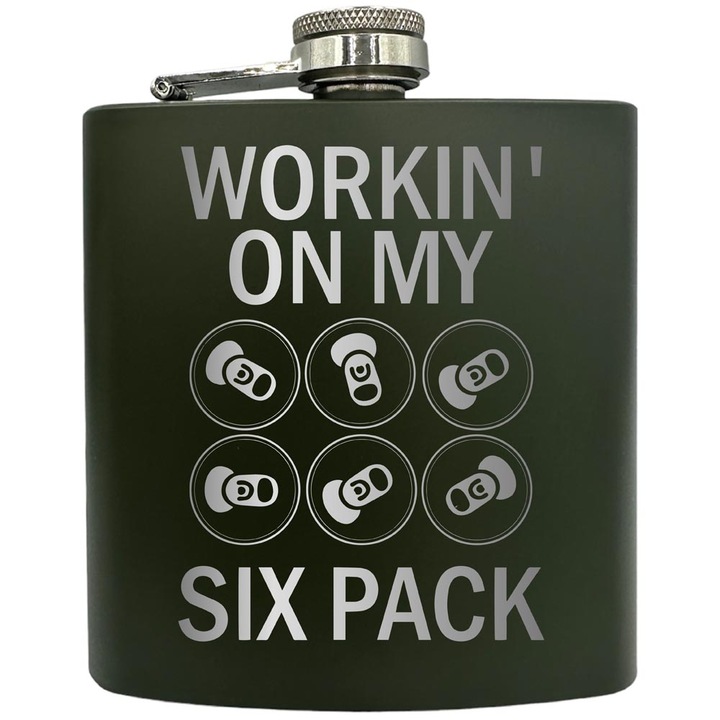 Plosca gravata din otel inoxidabil, de 6oz 180 ml pentru bauturi fine, Working On My Six Pack, Verde, ZKF 239