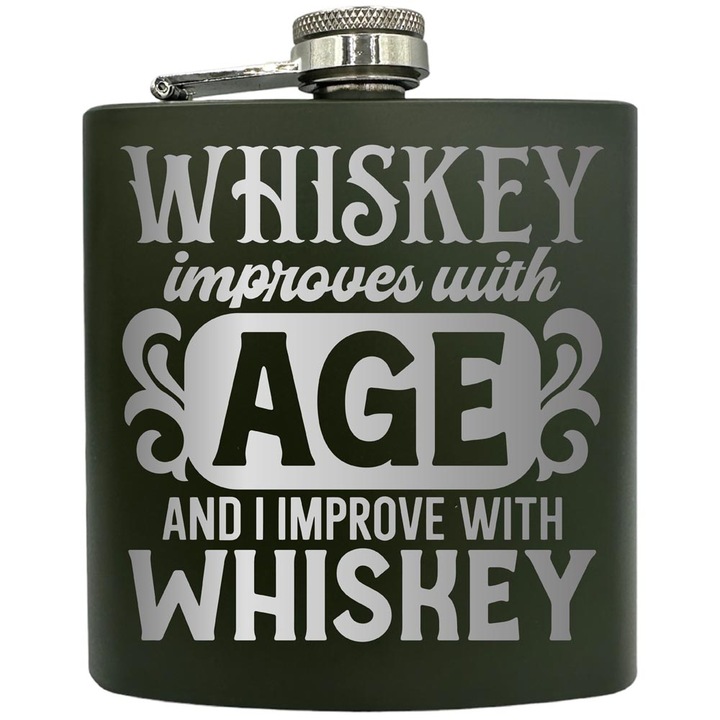 Plosca gravata din otel inoxidabil, de 6oz 180 ml pentru bauturi fine, Whiskey Improves With Age, Verde, ZKF 213