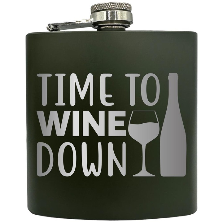 Plosca gravata din otel inoxidabil, de 6oz 180 ml pentru bauturi fine, Time To Wine Down, Verde, ZKF 183