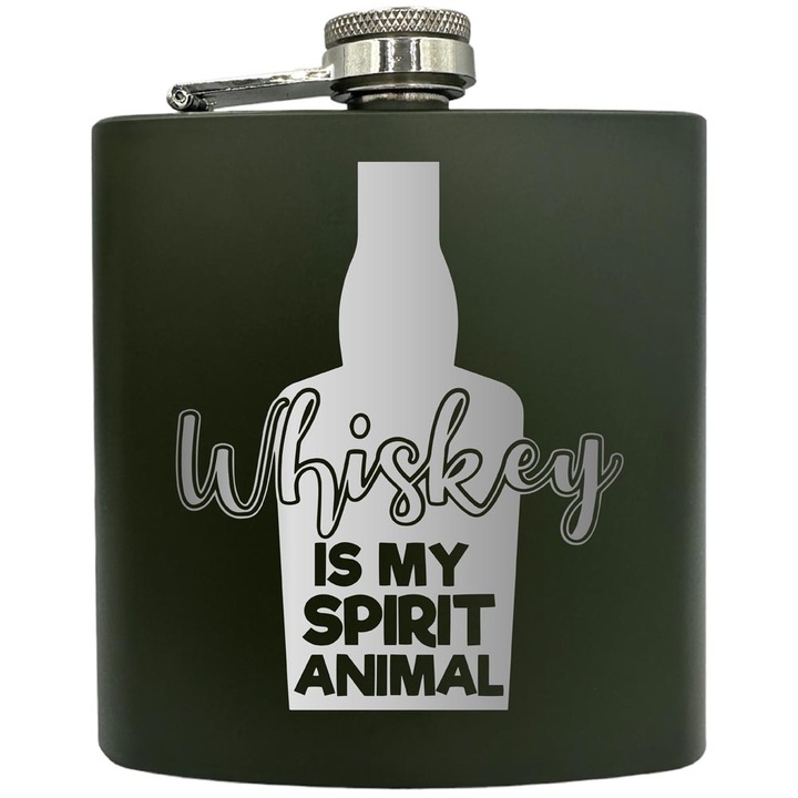 Plosca gravata din otel inoxidabil, de 6oz 180 ml pentru bauturi fine, Whiskey Is My Spirit Animal, Verde, ZKF 202