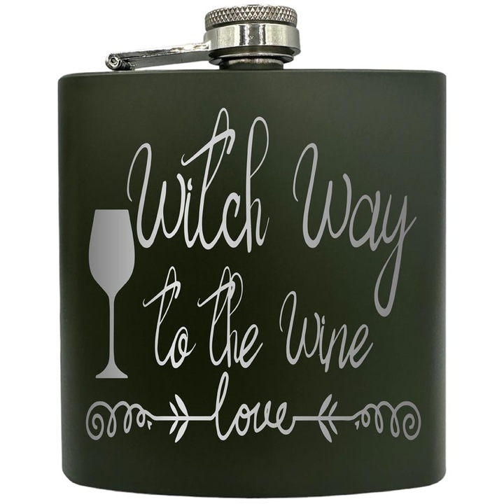 Plosca gravata din otel inoxidabil, de 6oz 180 ml pentru bauturi fine, Witch Way To The Wine, Verde, ZKF 235