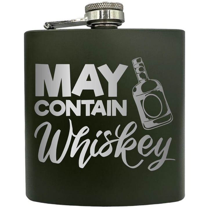 Plosca gravata din otel inoxidabil, de 6oz 180 ml pentru bauturi fine, May Contain Whiskey, Verde, ZKF 200