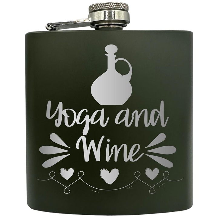 Plosca gravata din otel inoxidabil, de 6oz 180 ml pentru bauturi fine, Yoga And Wine, Verde, ZKF 241