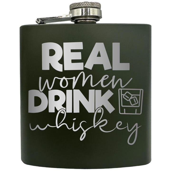 Plosca gravata din otel inoxidabil, de 6oz 180 ml pentru bauturi fine, Real Men Drink Whiskey, Verde, ZKF 207