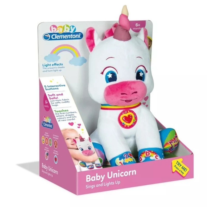 Jucarie de plus interactiva, Clementoni, Model unicorn, Efecte sonore, Iluminare LED, Multicolor
