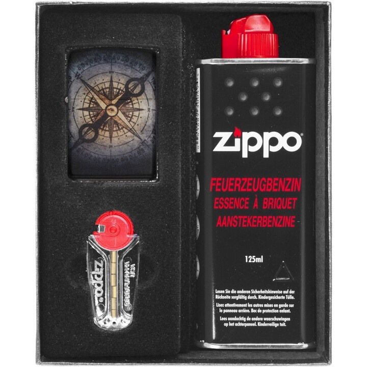 Set cadou cu bricheta si gaz Compas Ghost, Zippo, Auriu/Albastru