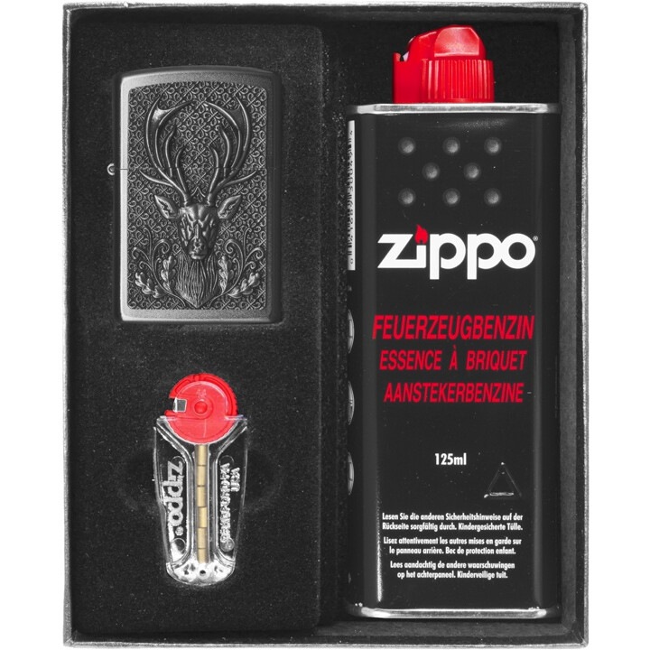 Set cadou cu bricheta si gaz Deer, Zippo, Gri