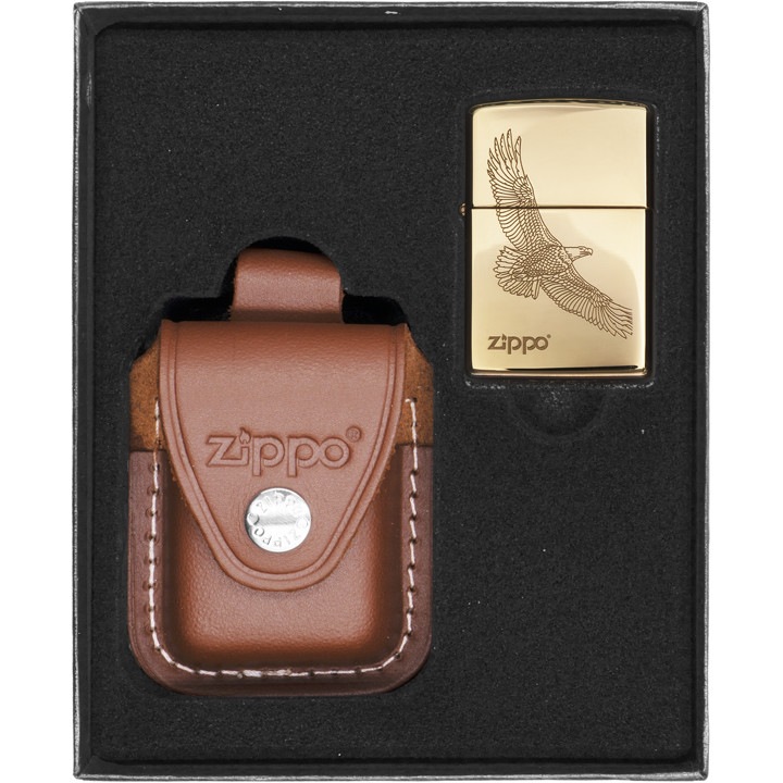 Set cadou cu bricheta si husa Eagle, Zippo, Auriu/Maro