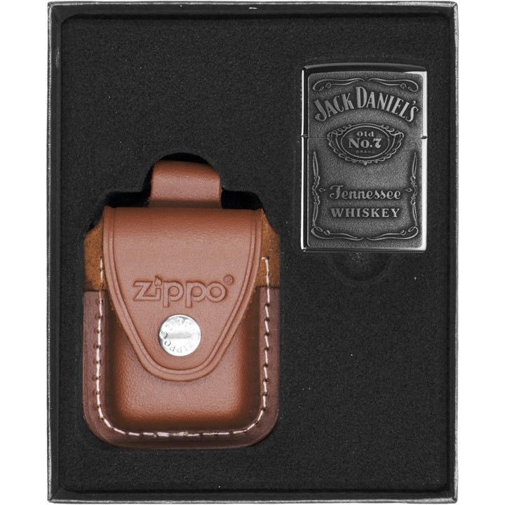 Set cadou cu bricheta si husa Jack Daniels, Zippo, Gri/Maro