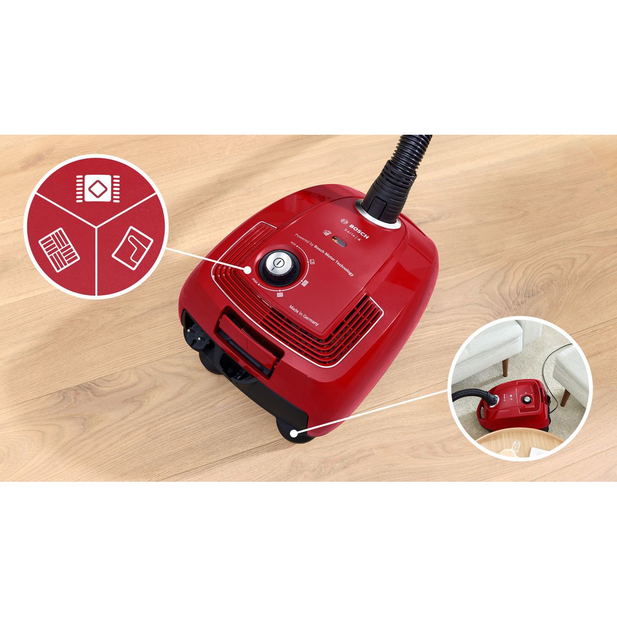 Aspirator cu sac Bosch BGB38RD2, 600 W, capacitate sac 4 L, filtru EPA, 79 dB, rosu/negru