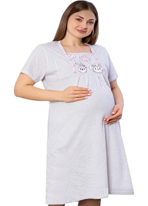 Camasa de noapte, StarFashion, 100% bumbac, pentru alaptat, model cu decolteu patrat, Alb