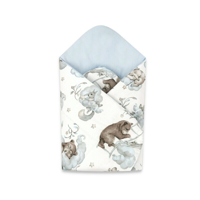 Paturica, Qmini, de infasat cu doua fete, Cu multiple utilizari, Cu inchidere arici velcro, Dimensiune 75x75 cm, Din bumbac certificat Oeko Tex Standard 100, Teddy Bear and Friends Blue