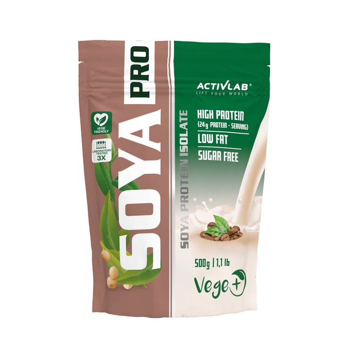 Supliment alimentar Activlab SOYA PRO 500 g – Izolat proteic de soia, gust cafea, 81% proteine, pentru cresterea masei musculare, vegan-friendly