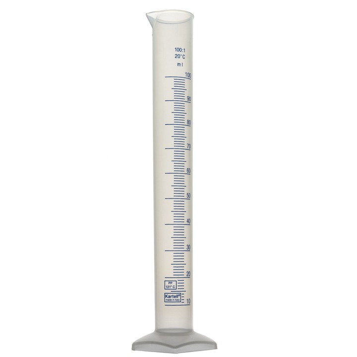 Scafa de masurat, PP, Clasa B, forma inalta, cu scara albastra in relief 100ml