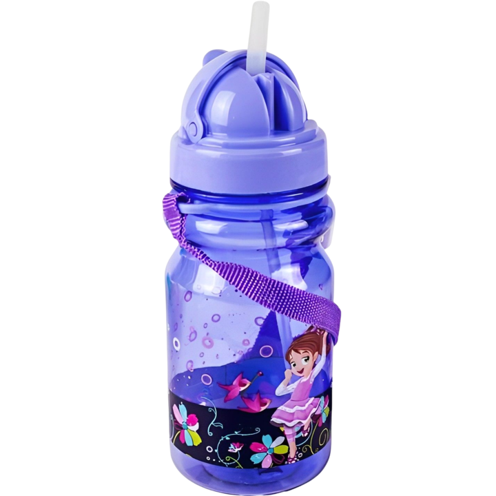 Детска бутилка, пластмасова, със сламка и капак, 350 мл лилав цвят