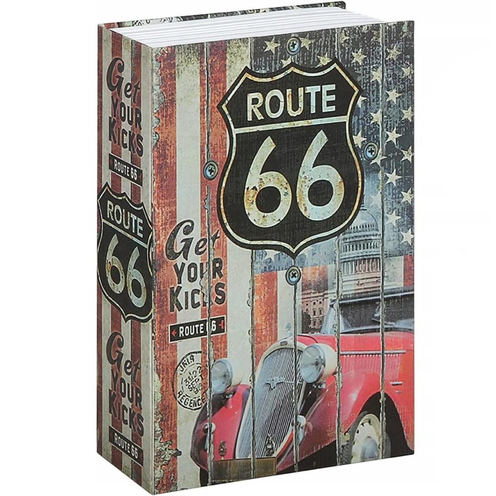 Set Cutita De Bani Cu Cheie, Korbi, Route 66, 24x15.5x5.5 cm, Fabricata Din Tabla De Otel De Inalta Calitate, Inchisa Cu Cheie, Pereti Grosi Si Inchidere Solida, Model Route 66, Multicolor