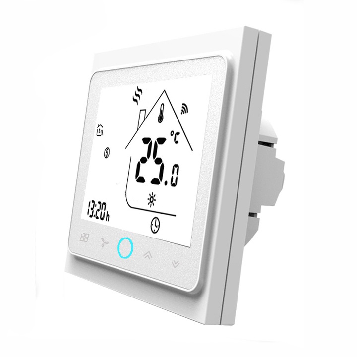 Termostat inteligent generatie 2022, incastrabil, cu WiFi, incalzire cu apa in pardoseala, actuatoare, pompe, centrala, climatizare, aplicatie mobil Tuya Smart, integrare in scenarii smart cu alte produse compatibile Tuya, Alexa, Google Home