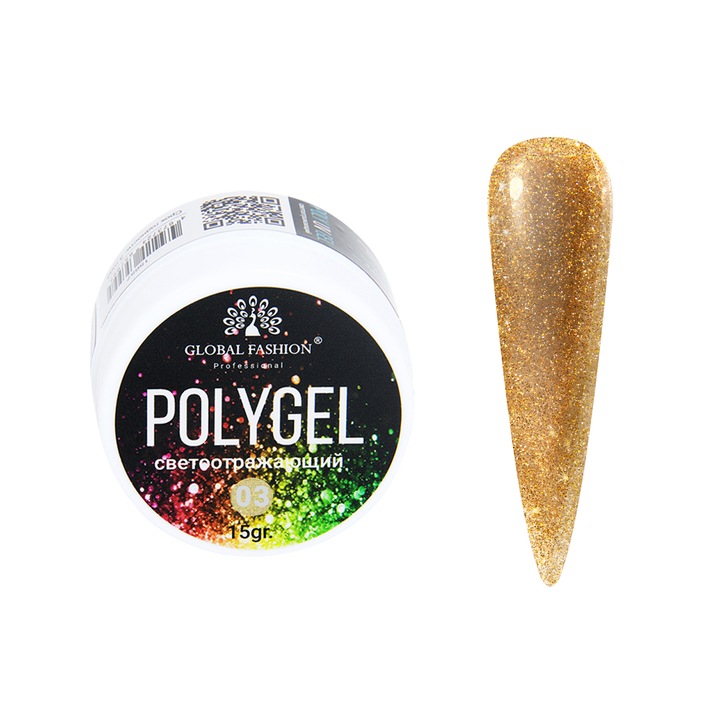 UV körömépítő gél, Global Fashion, Fényvisszaverő poligél, 15g, Arany 03