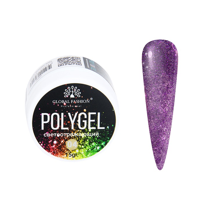 UV körömépítő gél, Global Fashion, Fényvisszaverő poligél, 15g, Violet 04