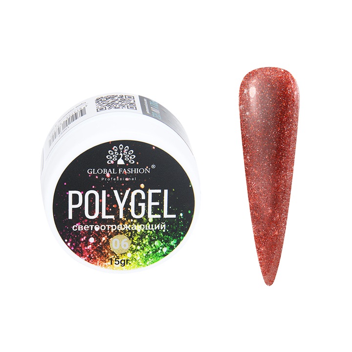 UV körömépítő gél, Global Fashion, fényvisszaverő poligél, 15g, piros 06