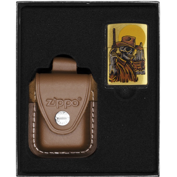 Set cadou cu bricheta si husa Wild West Skeleton, Zippo, Maro/Auriu