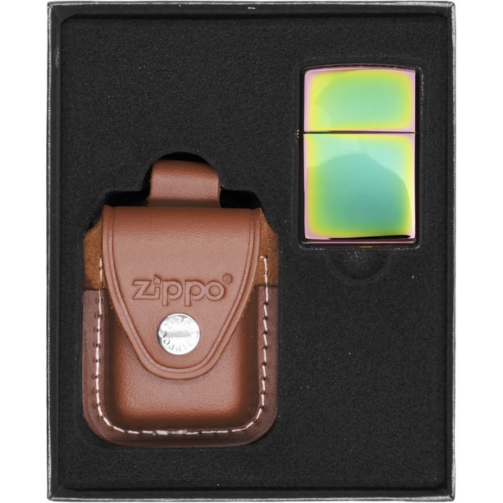 Set cadou cu bricheta si husa Spectrum, Zippo, Maro/Verde