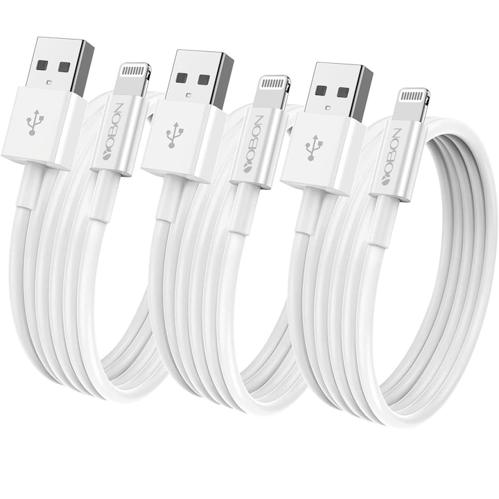Pachet de 3 Cablu de date, incarcare compatibil Apple iPhone si iPad, USB, 1m, Alb