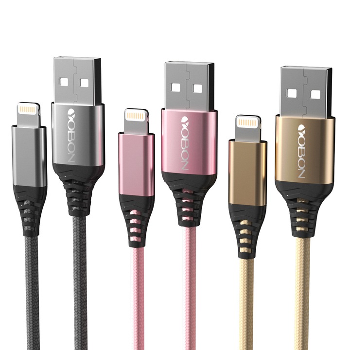 Pachet de 3 Cablu de date, incarcare compatibil Apple iPhone si iPad, USB, 1m, Multicolor
